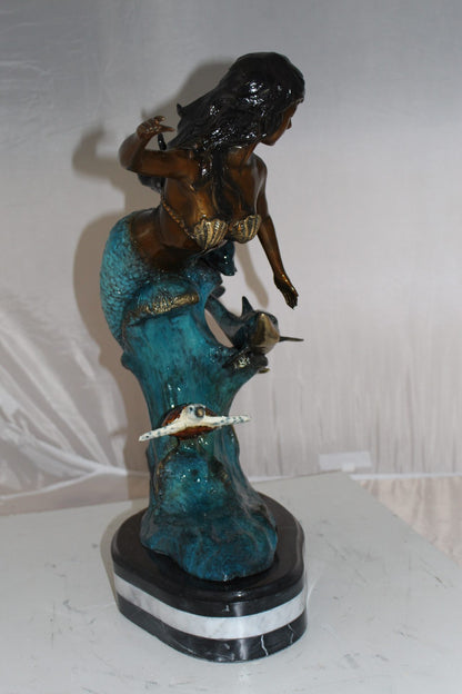 Mermaid w Dolphin and turtle Bronze Statue -  Size: 19"L x 9"W x 22"H. 