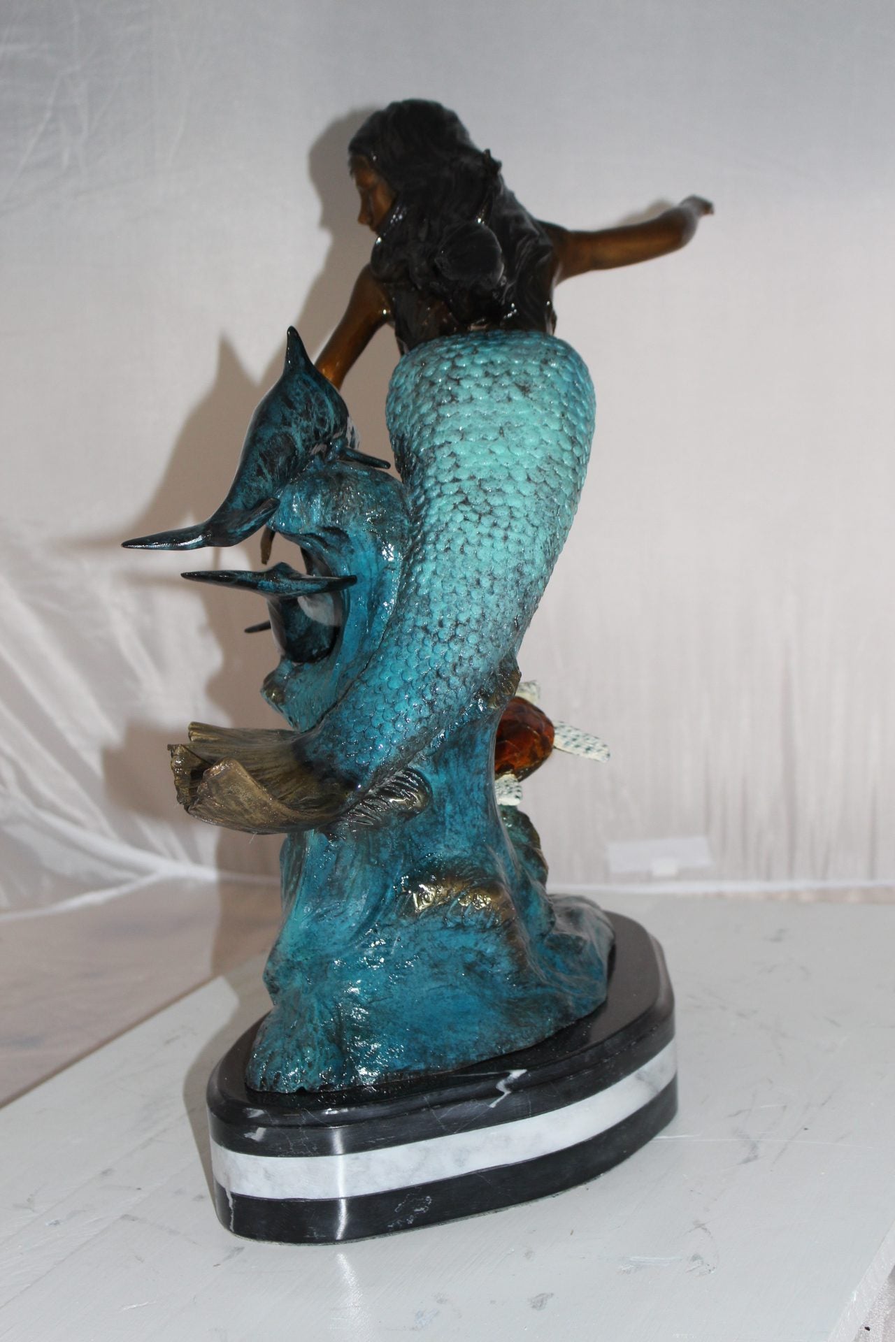 Mermaid w Dolphin and turtle Bronze Statue -  Size: 19"L x 9"W x 22"H. 