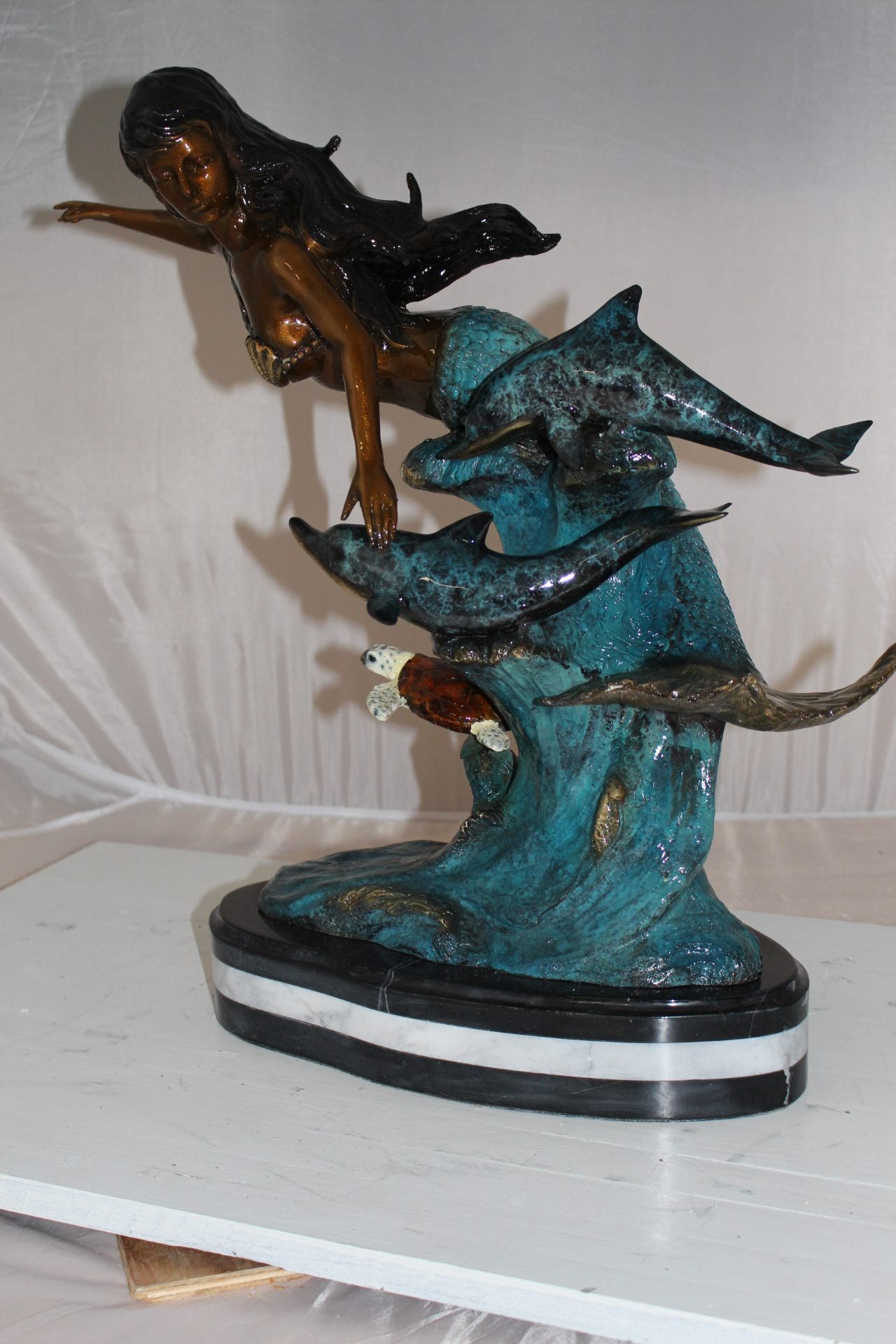 Mermaid w Dolphin and turtle Bronze Statue -  Size: 19"L x 9"W x 22"H. 
