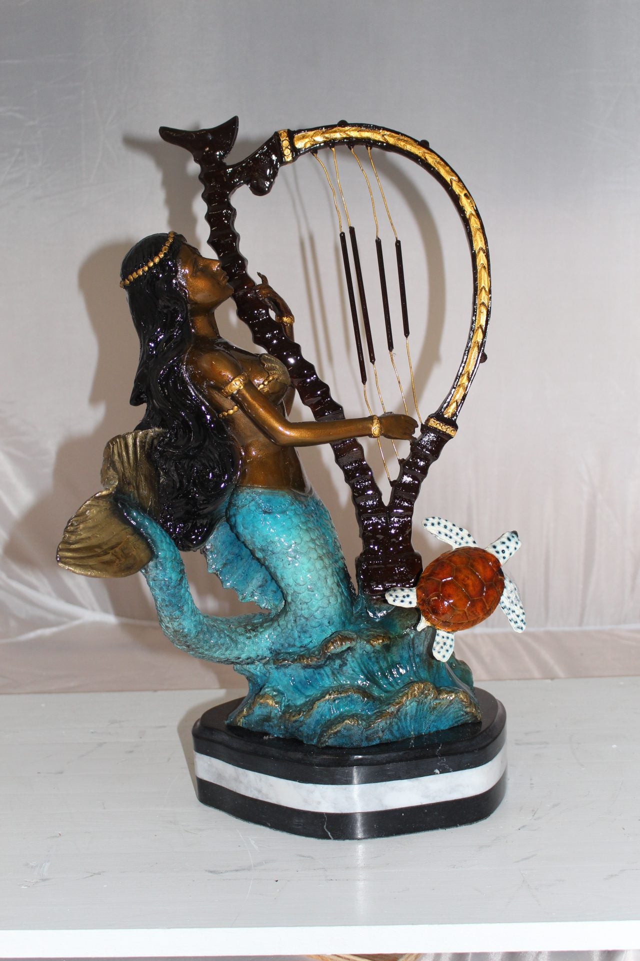 Mermaid play harp Bronze Statue -  Size: 13"L x 8"W x 22"H. 