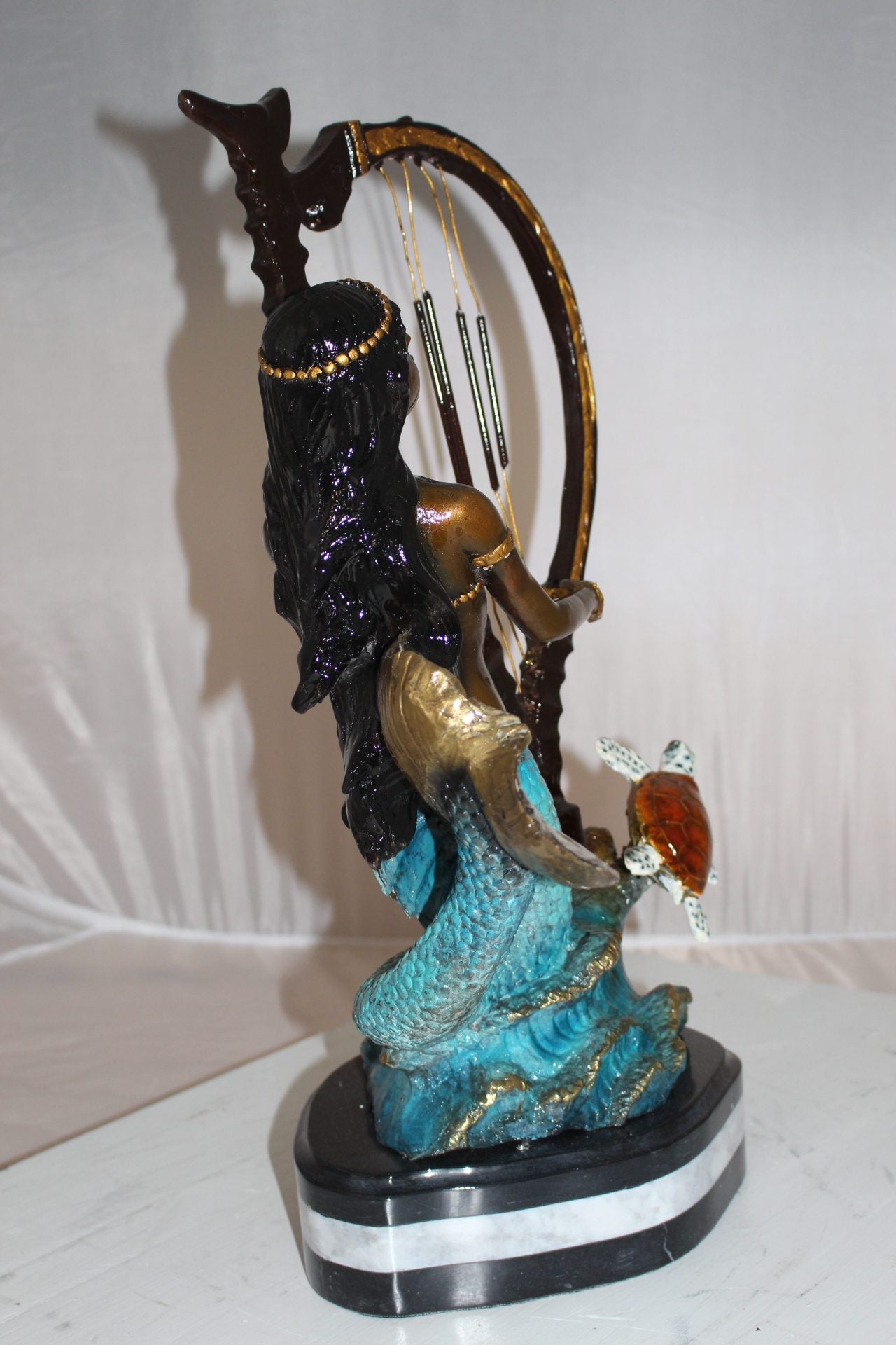Mermaid play harp Bronze Statue -  Size: 13"L x 8"W x 22"H. 