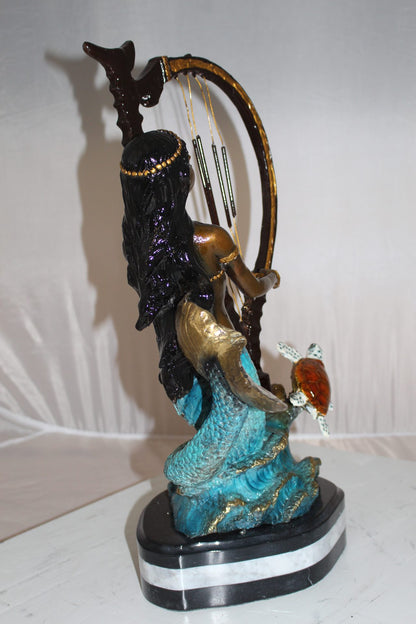 Mermaid play harp Bronze Statue -  Size: 13"L x 8"W x 22"H. 