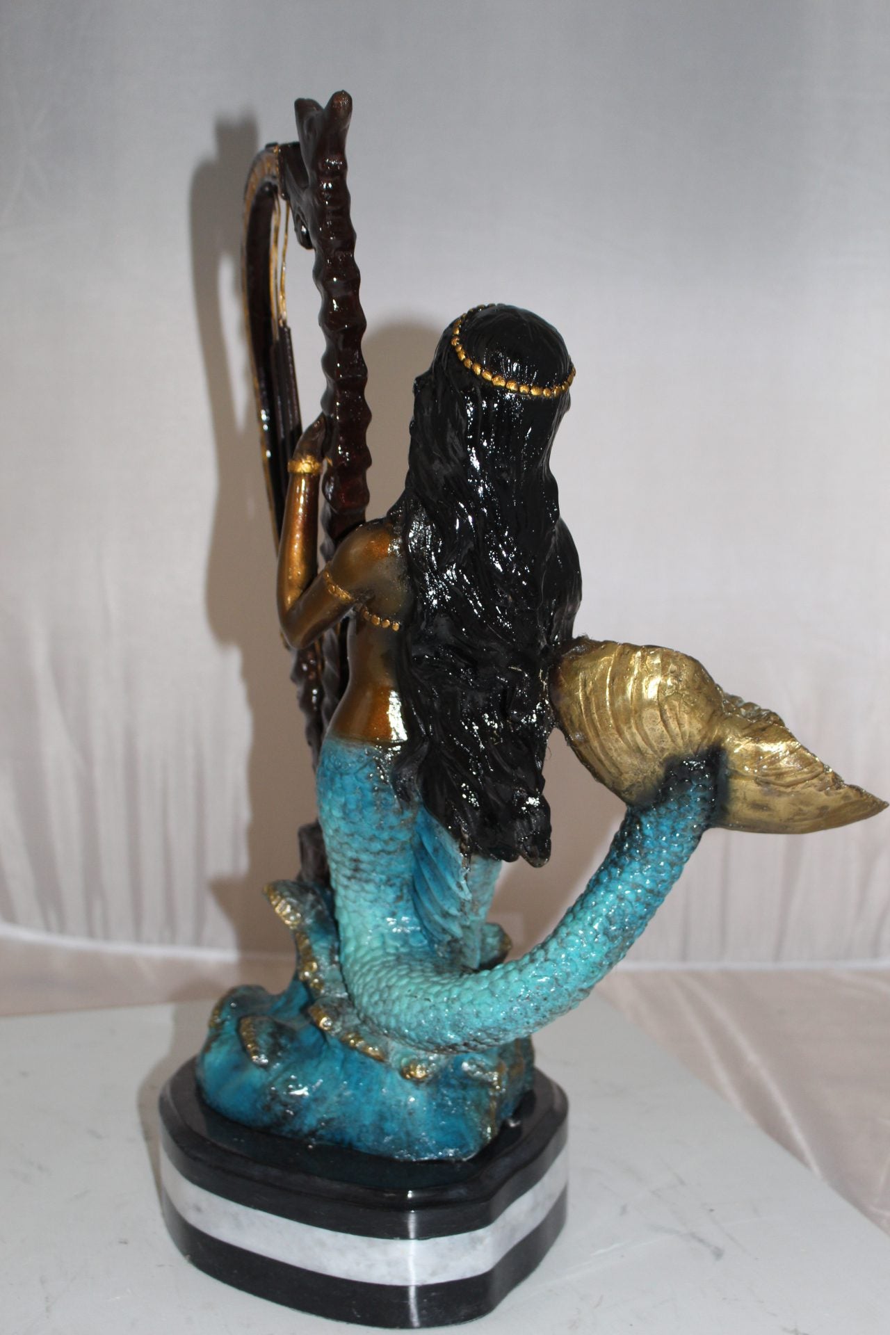 Mermaid play harp Bronze Statue -  Size: 13"L x 8"W x 22"H. 