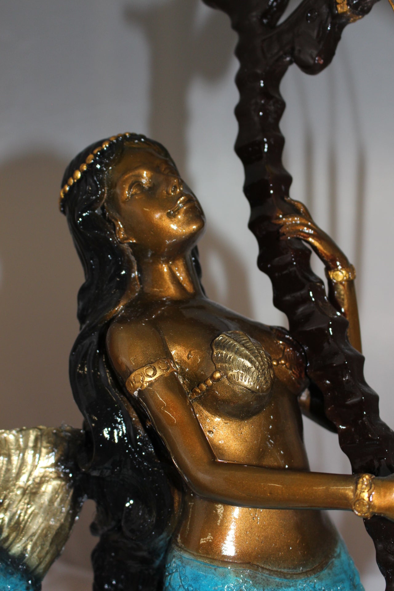 Mermaid play harp Bronze Statue -  Size: 13"L x 8"W x 22"H. 
