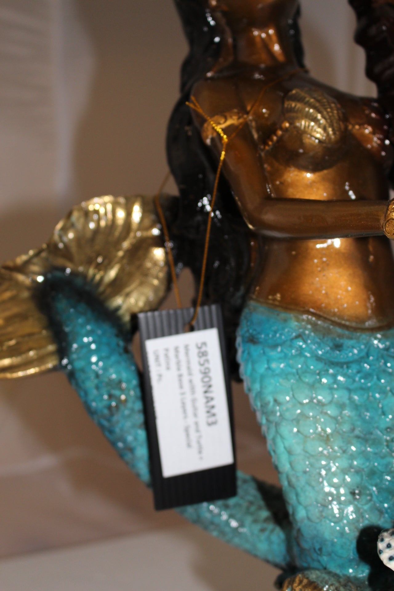 Mermaid play harp Bronze Statue -  Size: 13"L x 8"W x 22"H. 