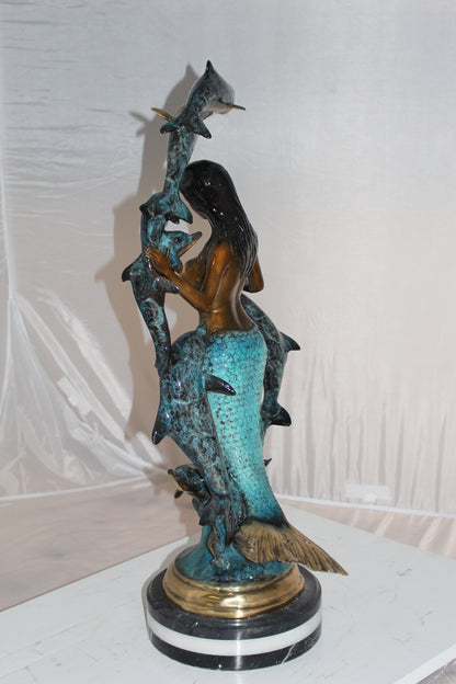 Mermaid w 7 Dolphins Bronze Statue -  Size: 12"L x 12"W x 29"H. 