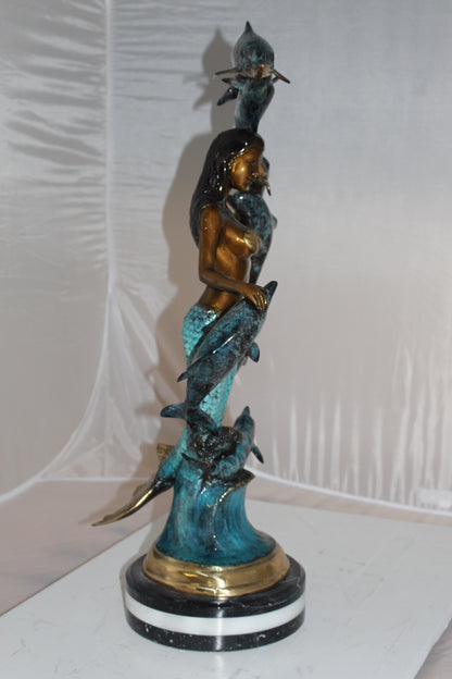 Mermaid w 7 Dolphins Bronze Statue -  Size: 12"L x 12"W x 29"H. 