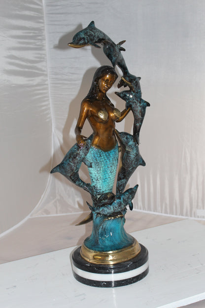 Mermaid w 7 Dolphins Bronze Statue -  Size: 12"L x 12"W x 29"H. 