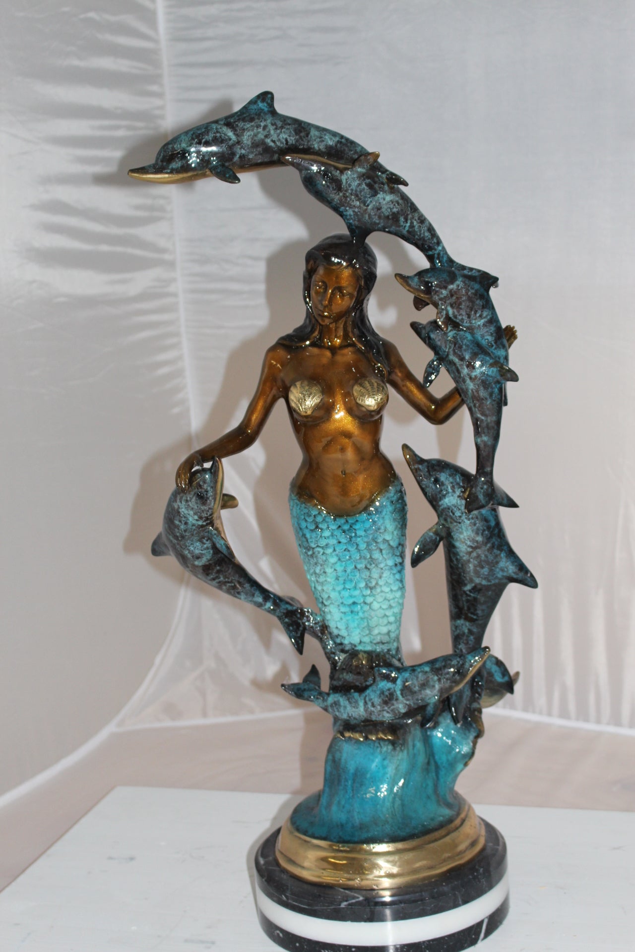 Mermaid w 7 Dolphins Bronze Statue -  Size: 12"L x 12"W x 29"H. 