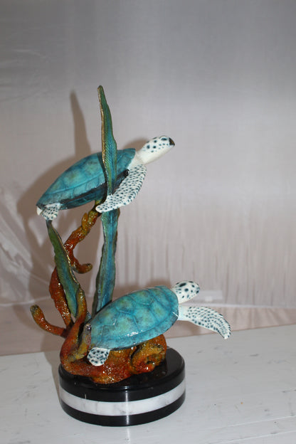 Two Sea Turtles Swimming Bronze Statue -  Size: 17"L x 9"W x 20"H. 