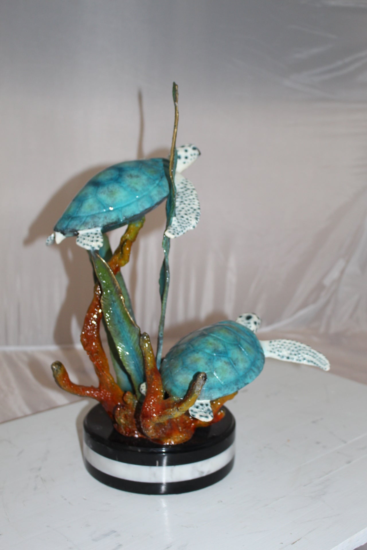 Two Sea Turtles Swimming Bronze Statue -  Size: 17"L x 9"W x 20"H. 