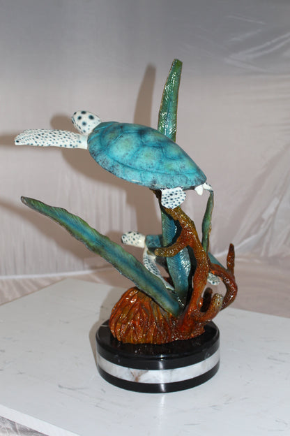 Two Sea Turtles Swimming Bronze Statue -  Size: 17"L x 9"W x 20"H. 