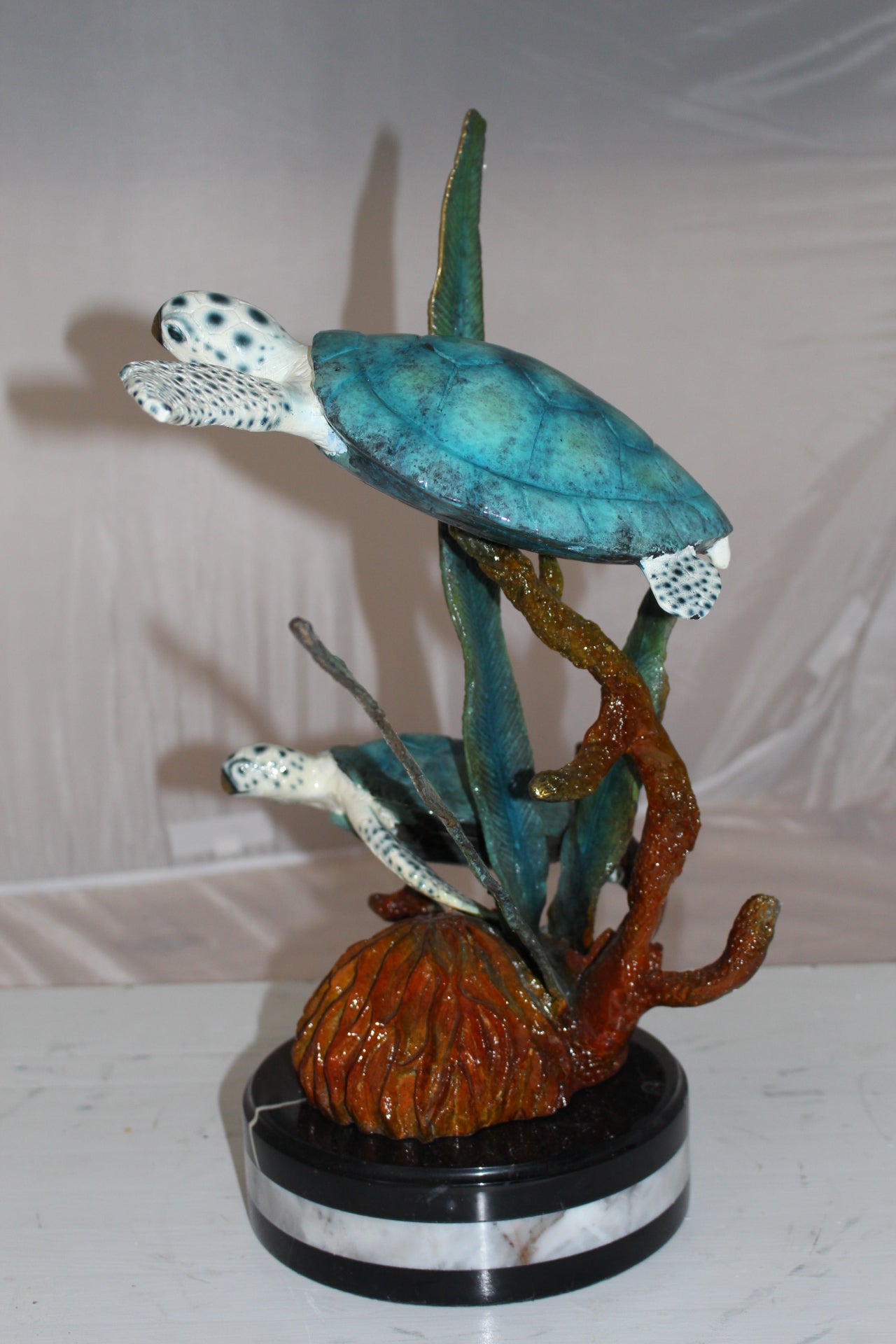 Two Sea Turtles Swimming Bronze Statue -  Size: 17"L x 9"W x 20"H. 
