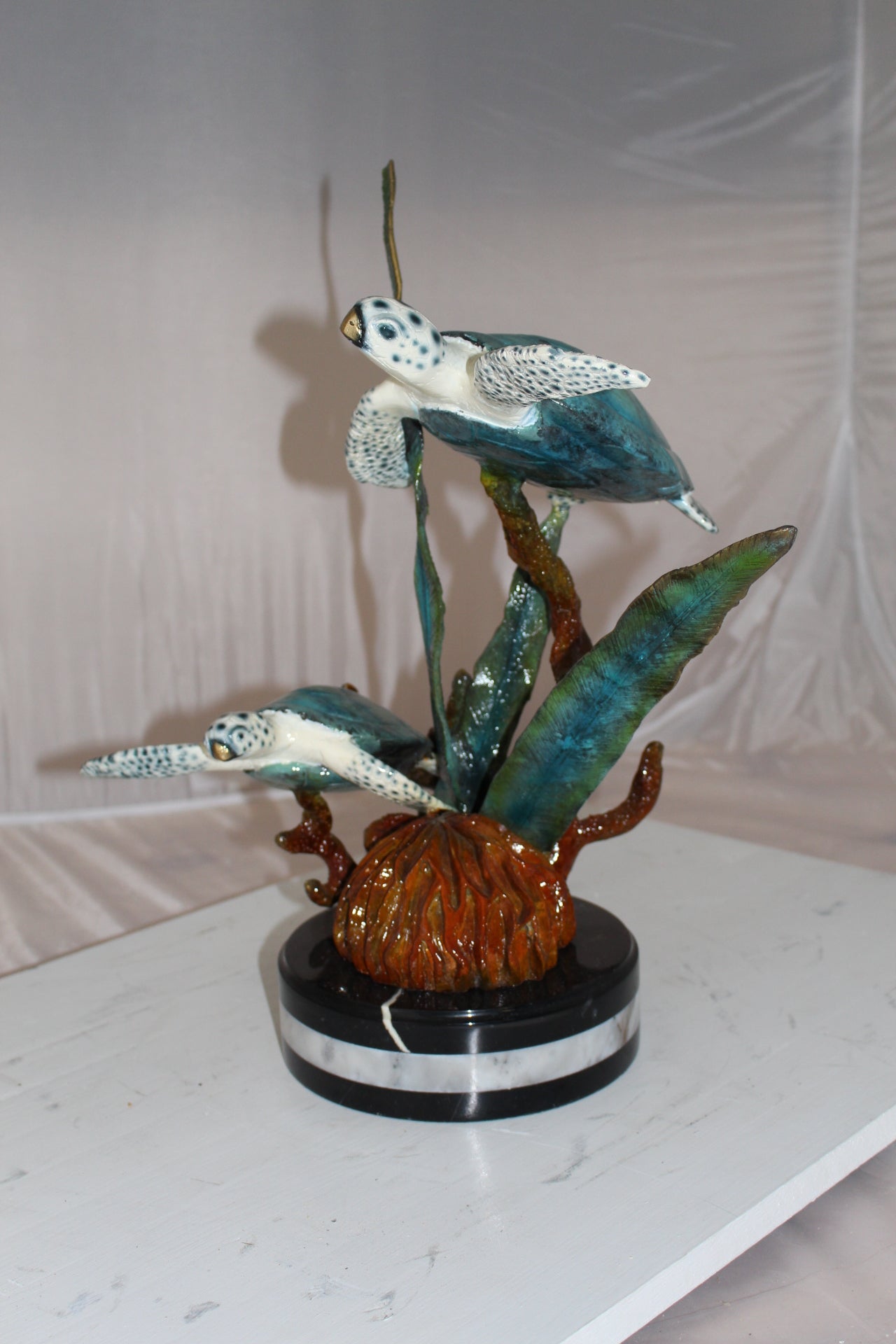 Two Sea Turtles Swimming Bronze Statue -  Size: 17"L x 9"W x 20"H. 
