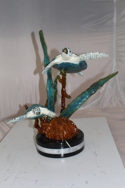 Two Sea Turtles Swimming Bronze Statue -  Size: 17"L x 9"W x 20"H. 