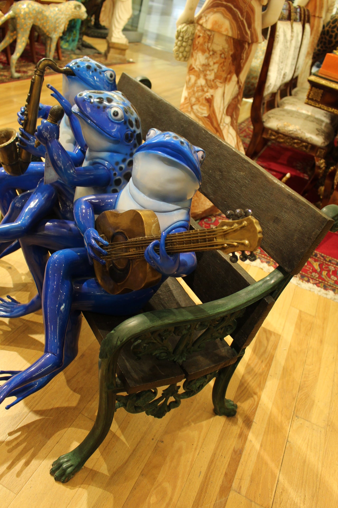Musical Frogs on a Bench Bronze Statue -  Size: 41"L x 23"W x 33"H. 