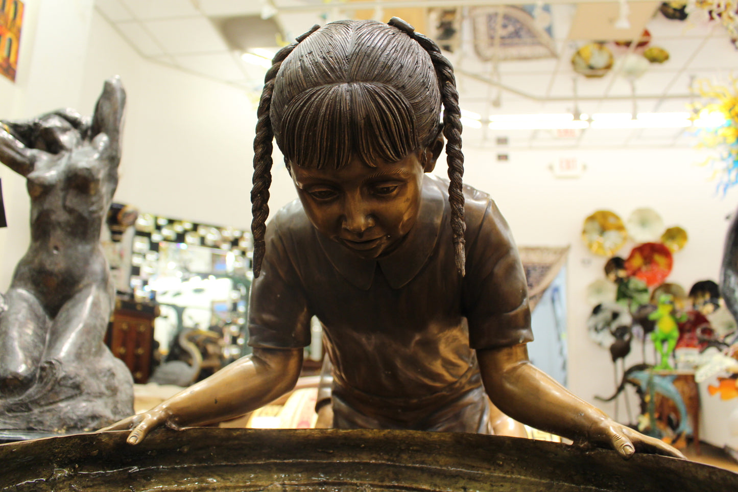 Boy Girl Drinking From Fountain Bronze Statue -  Size: 44"L x 24"W x 42"H. 