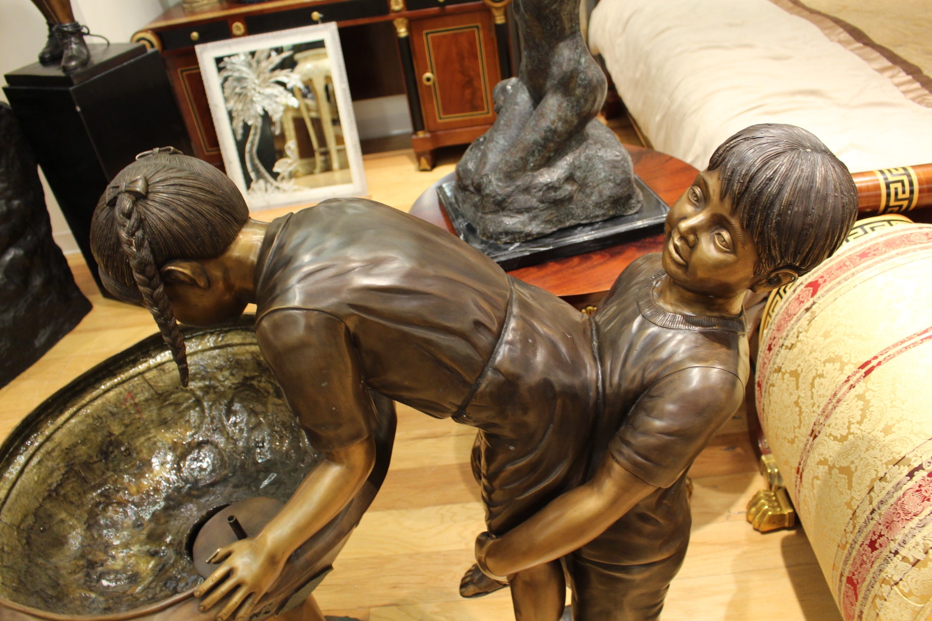 Boy Girl Drinking From Fountain Bronze Statue -  Size: 44"L x 24"W x 42"H. 