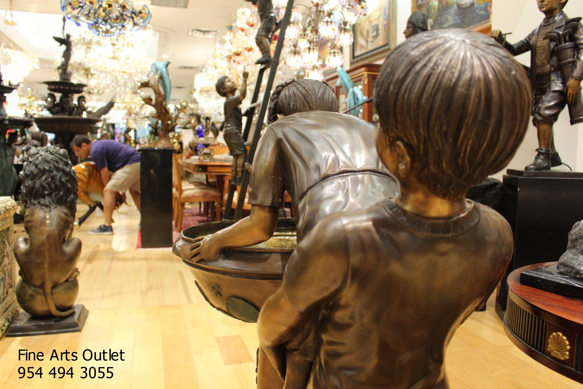 Boy Girl Drinking From Fountain Bronze Statue -  Size: 44"L x 24"W x 42"H. 