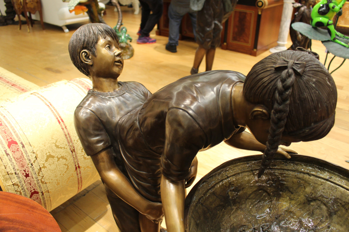 Boy Girl Drinking From Fountain Bronze Statue -  Size: 44"L x 24"W x 42"H. 