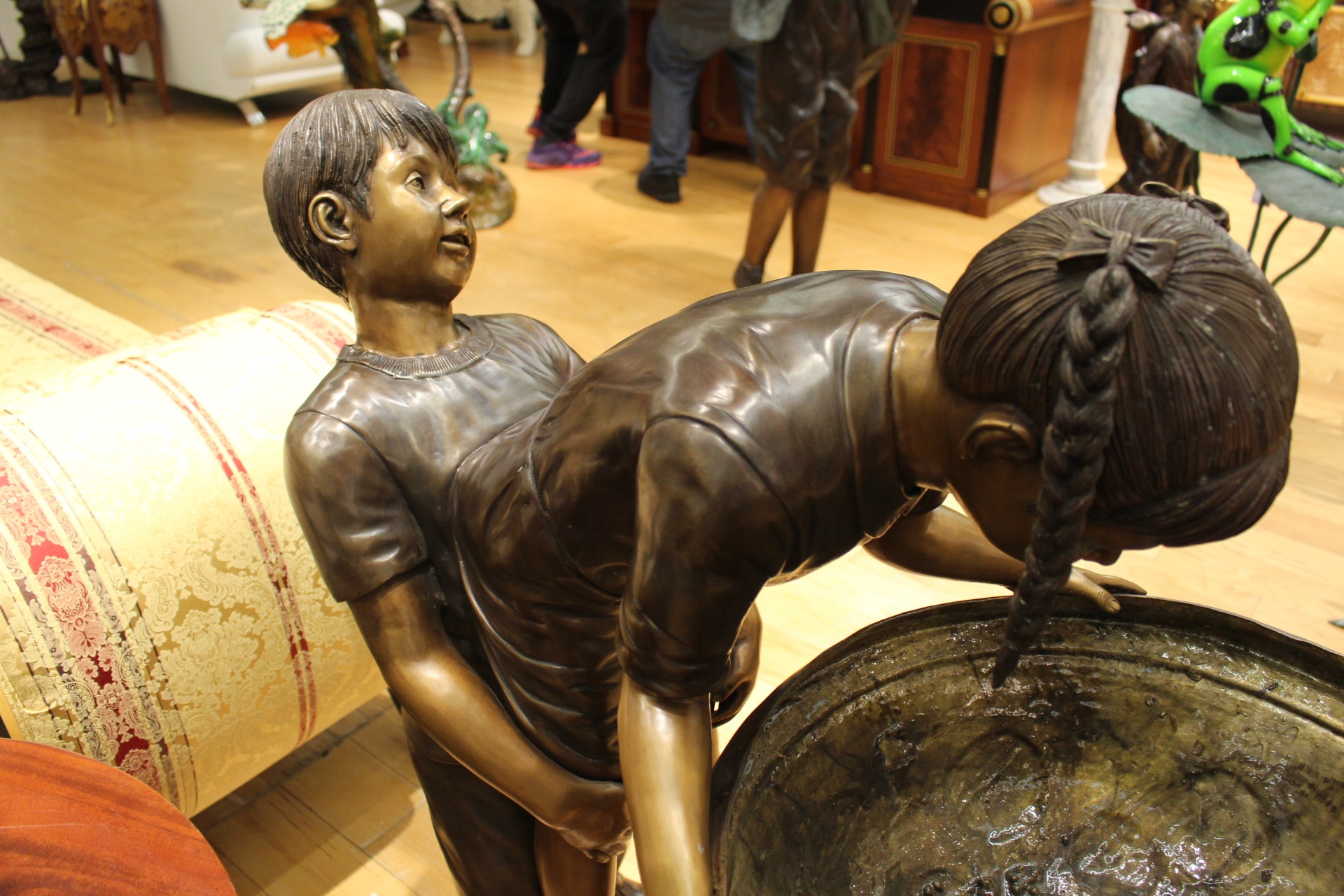 Boy Girl Drinking From Fountain Bronze Statue -  Size: 44"L x 24"W x 42"H. 