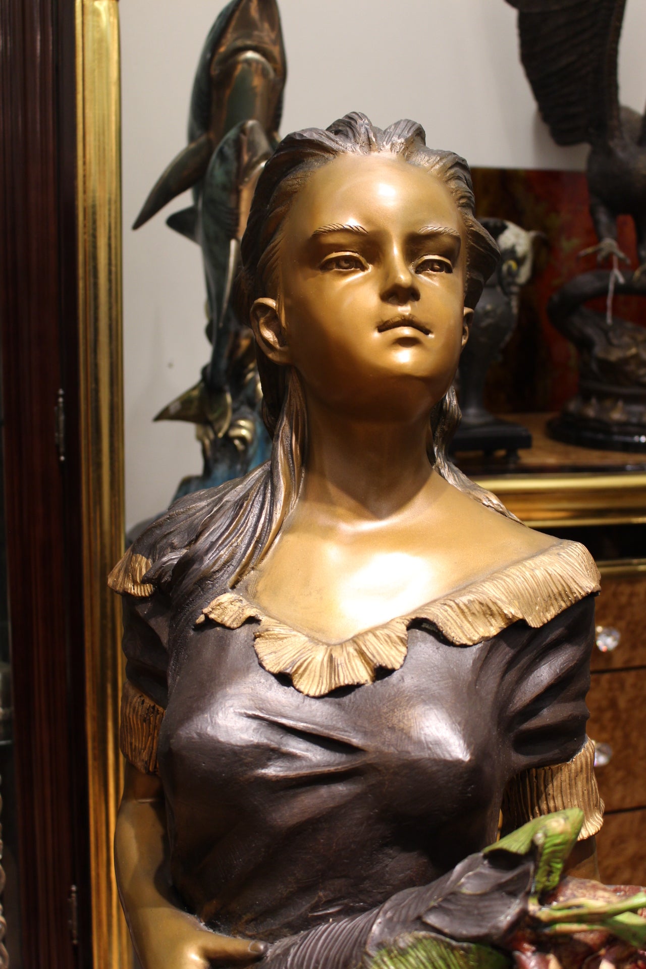 Woman Holding Bouquet Standing on Lily  Bronze Statue/Fountain 28" x27"x 60"H. 