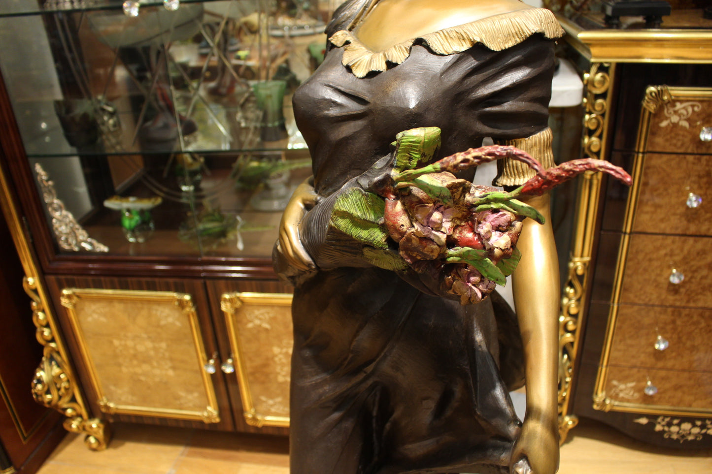 Woman Holding Bouquet Standing on Lily  Bronze Statue/Fountain 28" x27"x 60"H. 