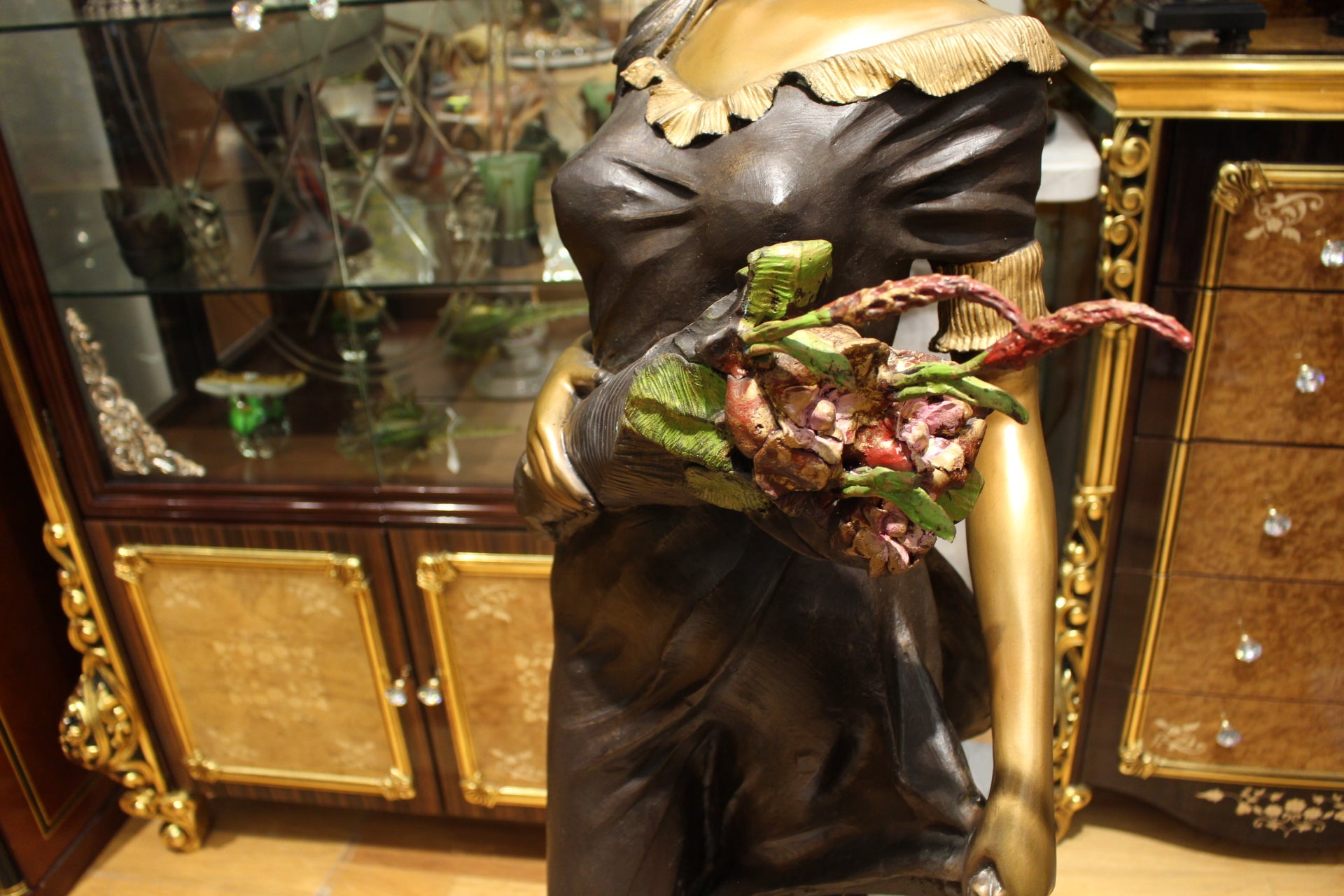 Woman Holding Bouquet Standing on Lily  Bronze Statue/Fountain 28" x27"x 60"H. 