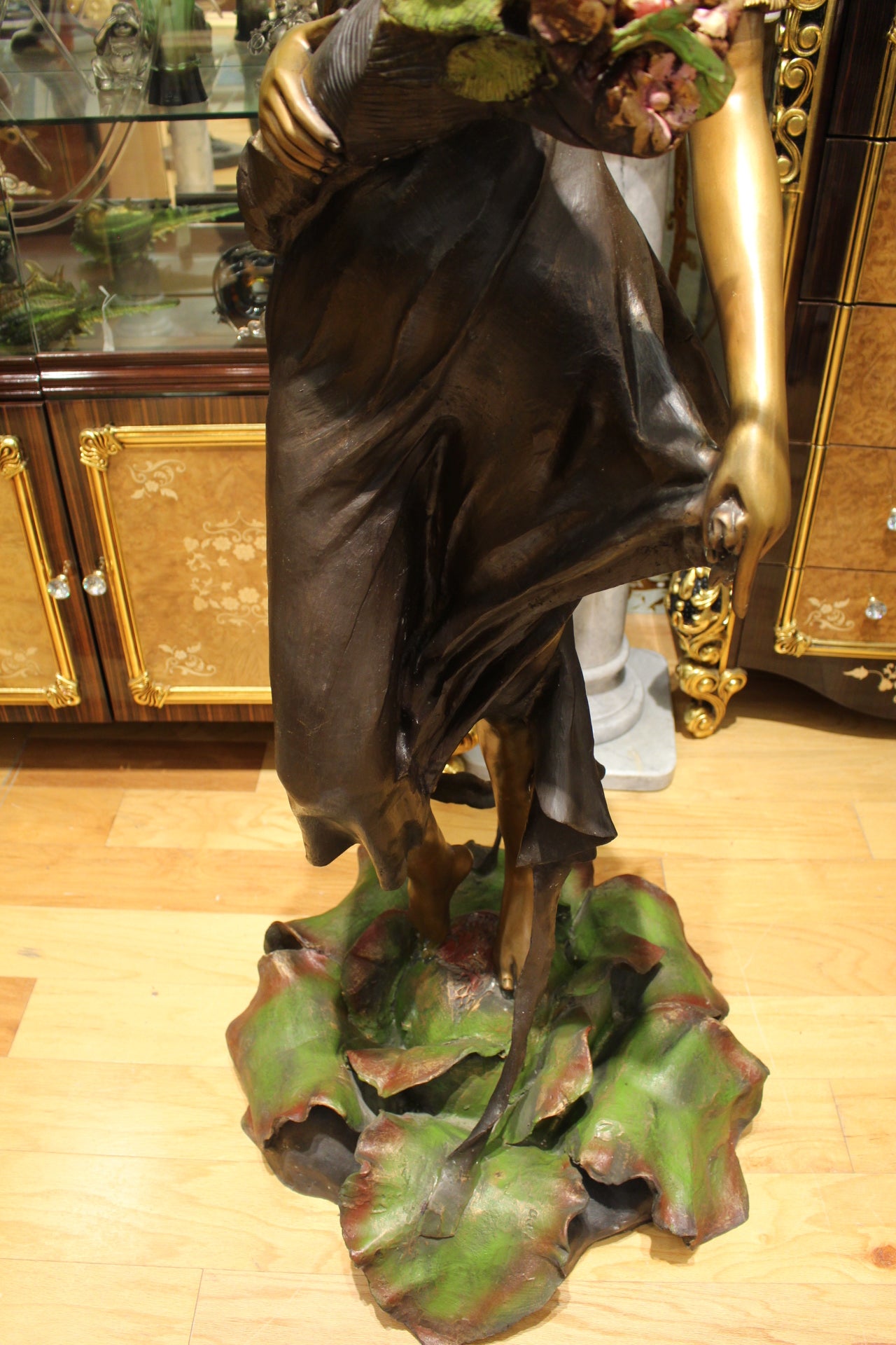 Woman Holding Bouquet Standing on Lily  Bronze Statue/Fountain 28" x27"x 60"H. 