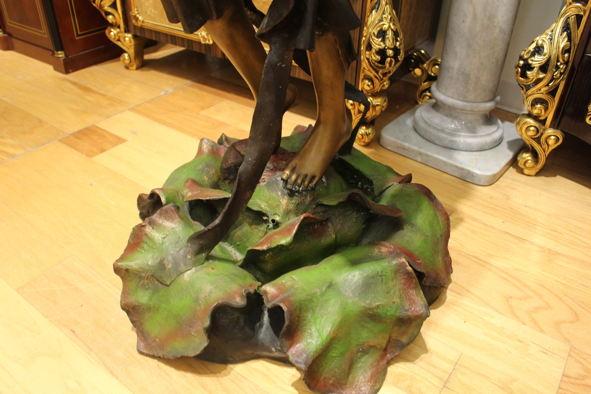 Woman Holding Bouquet Standing on Lily  Bronze Statue/Fountain 28" x27"x 60"H. 