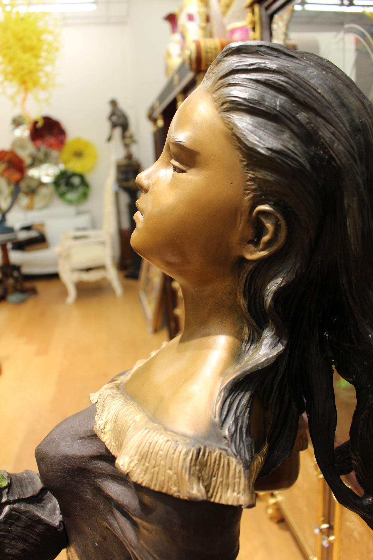 Woman Holding Bouquet Standing on Lily  Bronze Statue/Fountain 28" x27"x 60"H. 