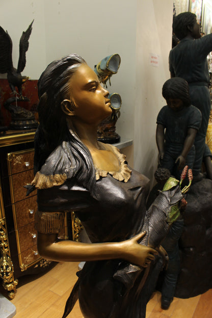 Woman Holding Bouquet Standing on Lily  Bronze Statue/Fountain 28" x27"x 60"H. 