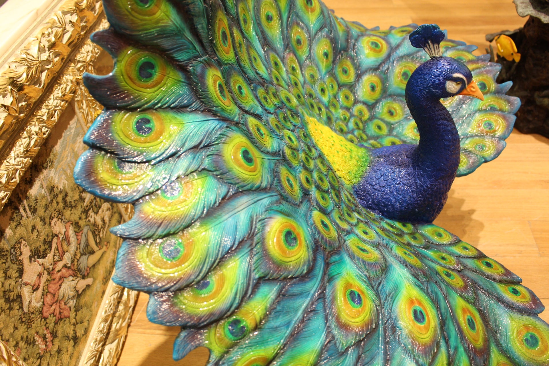 Colorful Peacock Bronze Statue -  Size: 24"L x 39"W x 35"H. 