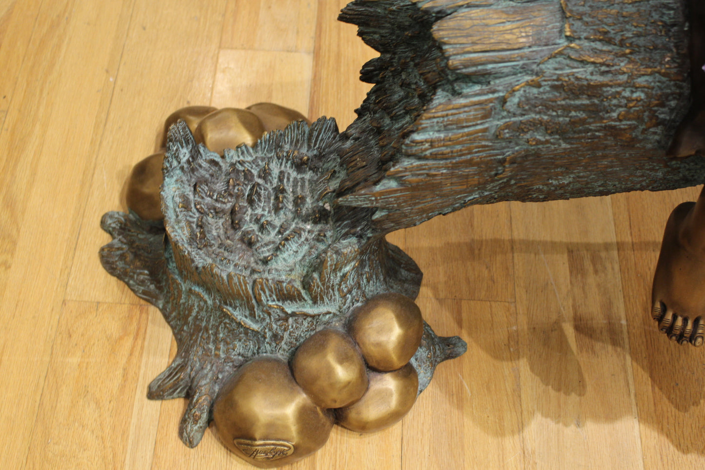 Three Children On Log Holding Bird Bronze Statue -  Size: 55"L x 18"W x 38"H. 