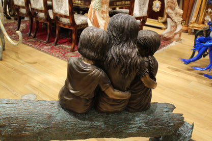 Three Children On Log Holding Bird Bronze Statue -  Size: 55"L x 18"W x 38"H. 