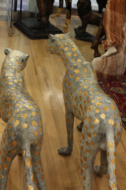 Pair of Golden-Plated Cheetahs Bronze Statue -  Size: 58"L x 10"W x 31"H. 