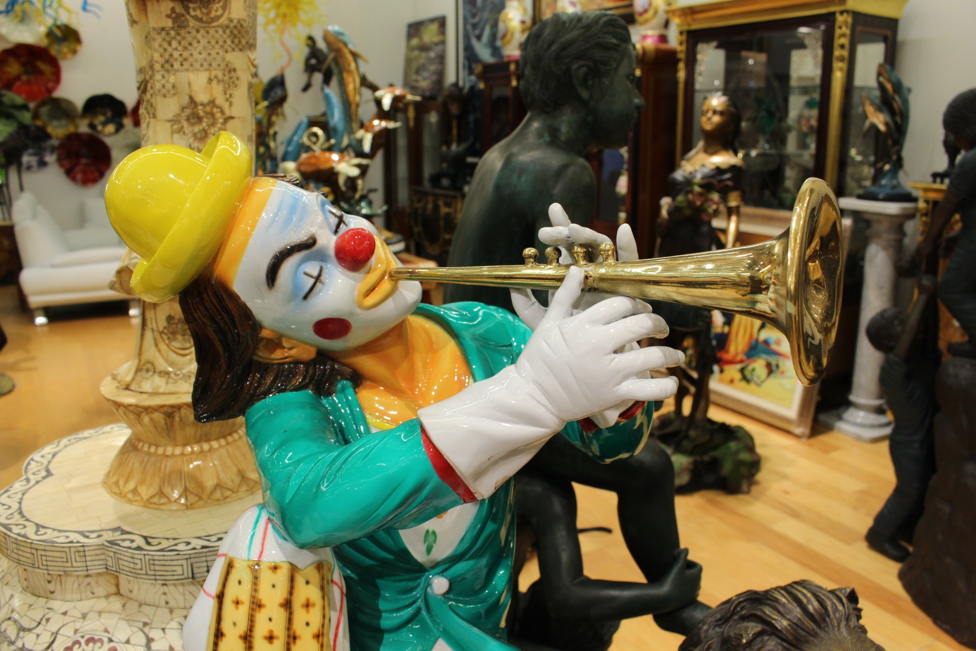 Colorful Clown Playing Instrument Bronze Statue -  Size: 18"L x 13"W x 31"H. 