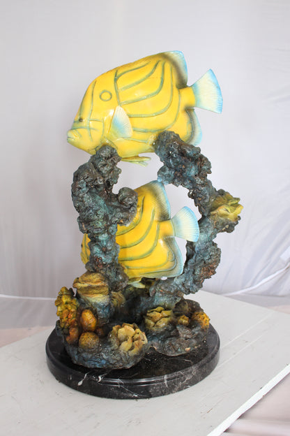 Two Butterfly fish swimming bronze statue -  Size: 12"L x 12"W x 24"H. 