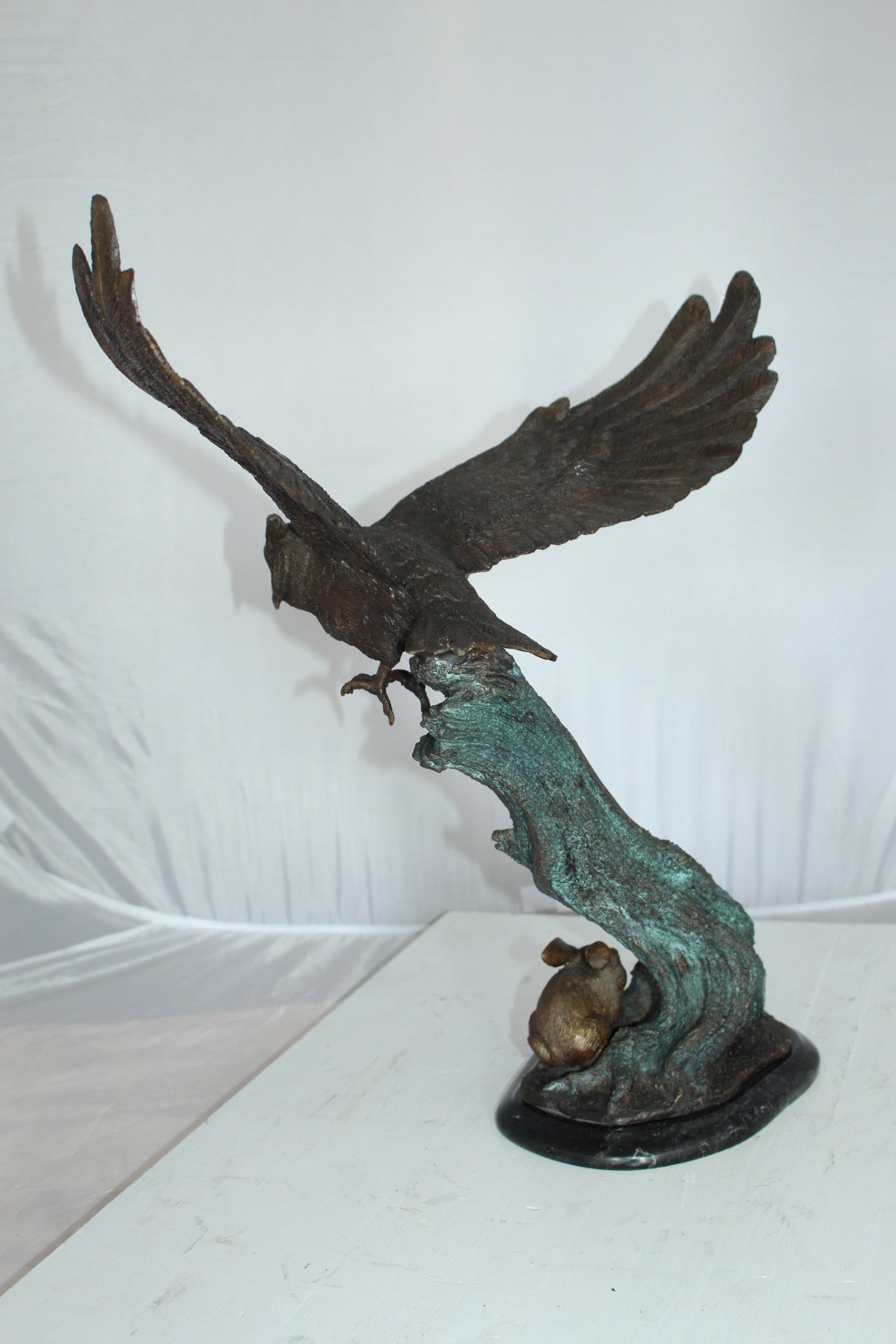 Owl with Rabbit Bronze Statue -  Size: 20"L x 8"W x 22"H. 