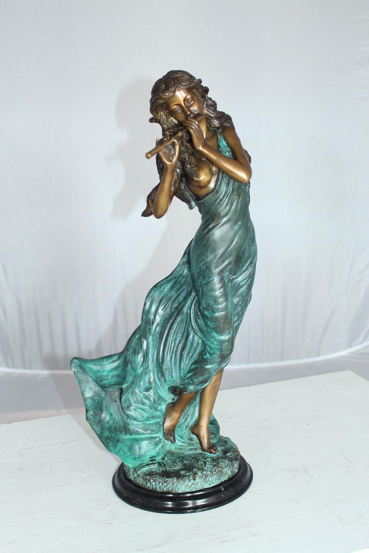 Musical Girl Bronze Statue -  Size: 8"L x 7"W x 19"H. 