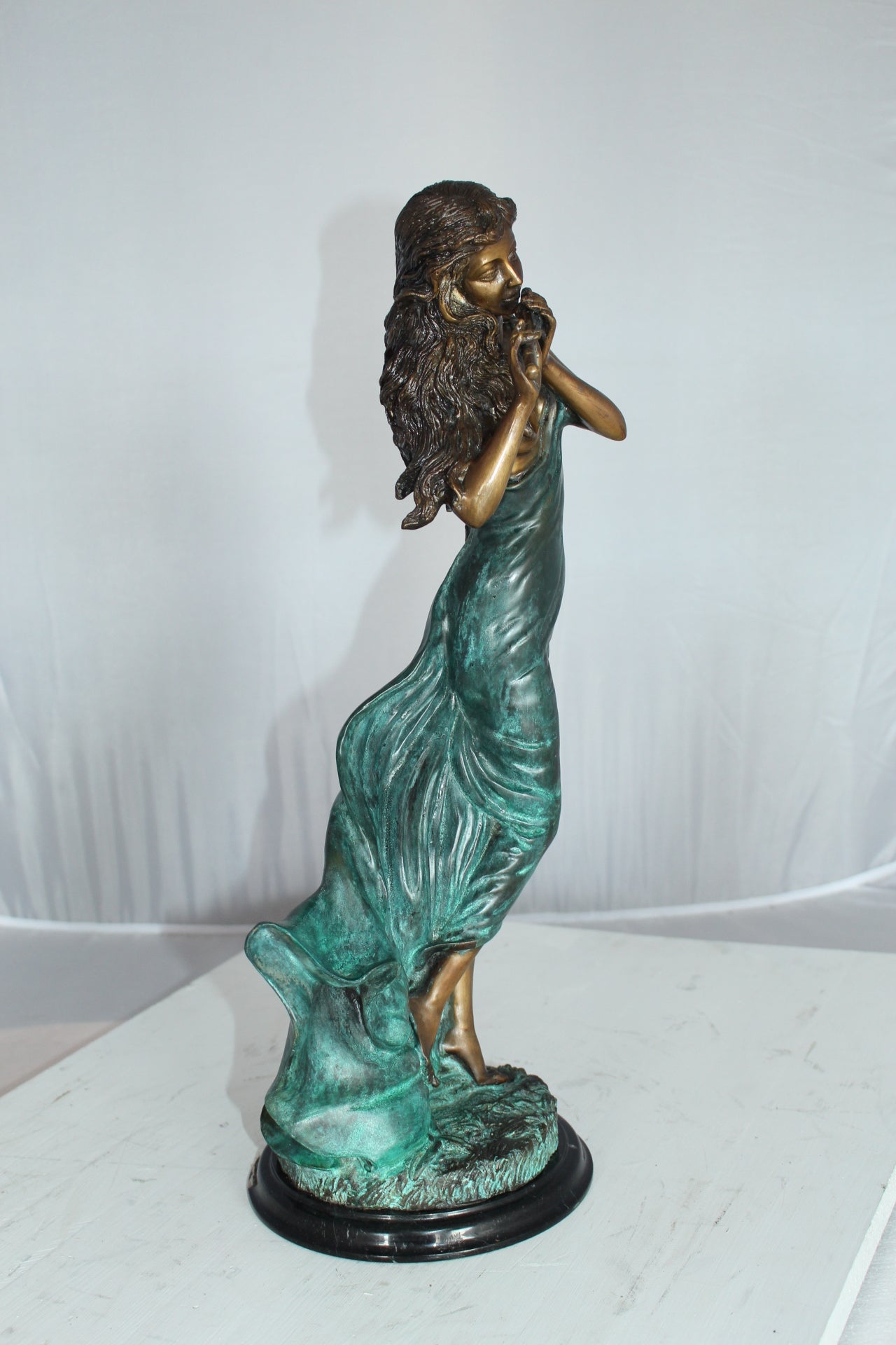 Musical Girl Bronze Statue -  Size: 8"L x 7"W x 19"H. 
