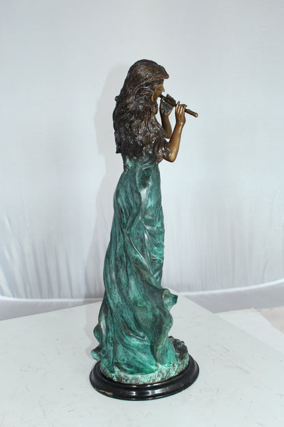 Musical Girl Bronze Statue -  Size: 8"L x 7"W x 19"H. 
