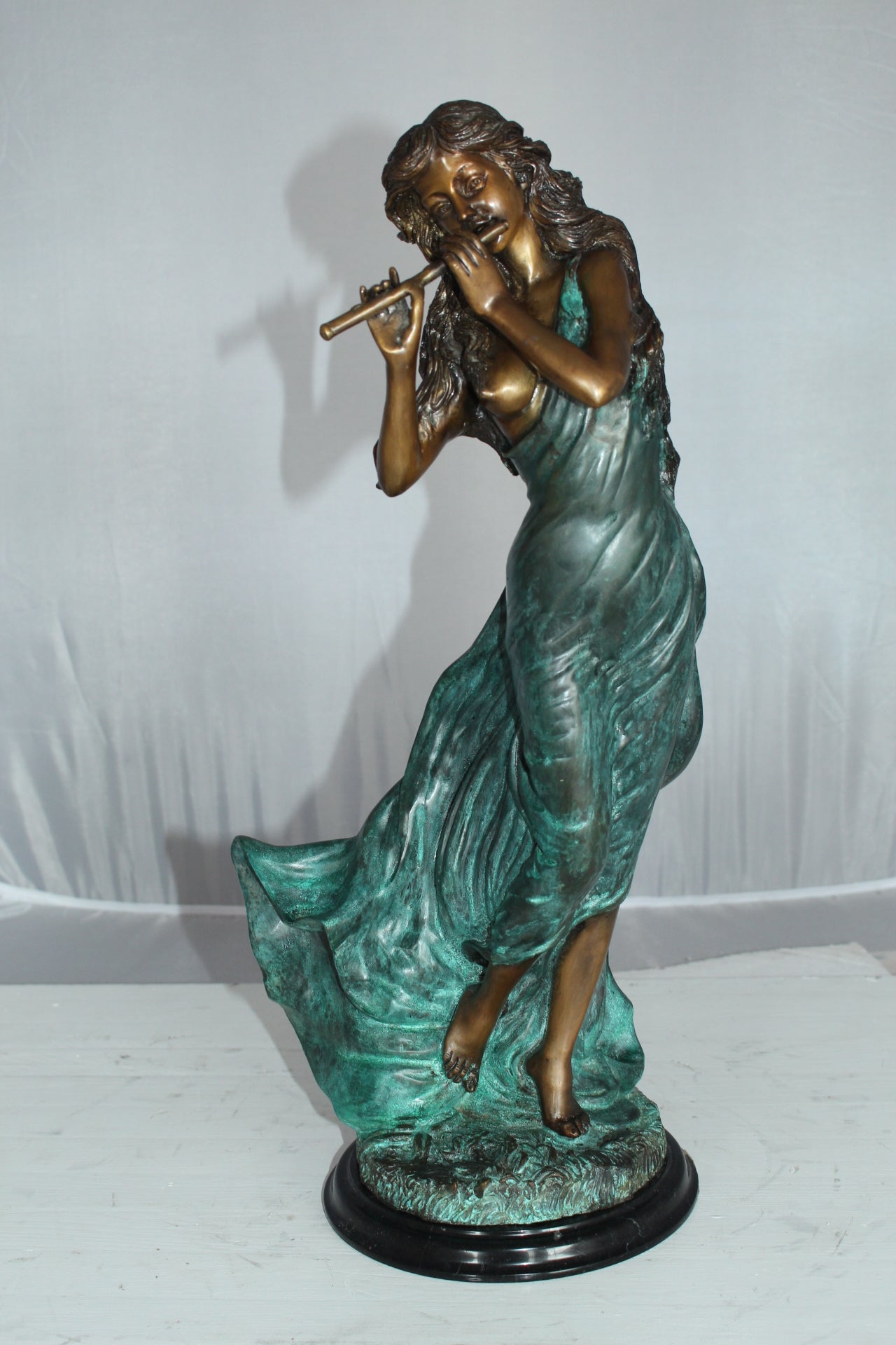 Musical Girl Bronze Statue -  Size: 8"L x 7"W x 19"H. 