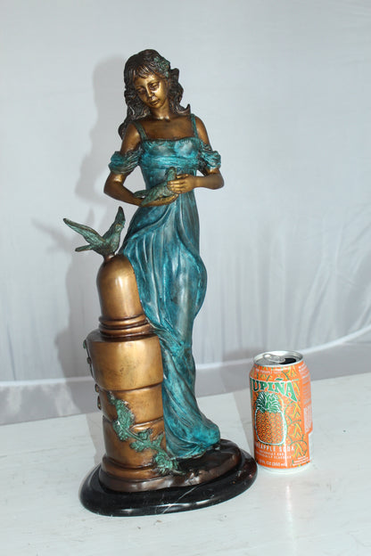 Girl with a Bird Bronze Statue -  Size: 7"L x 7"W x 18"H. 