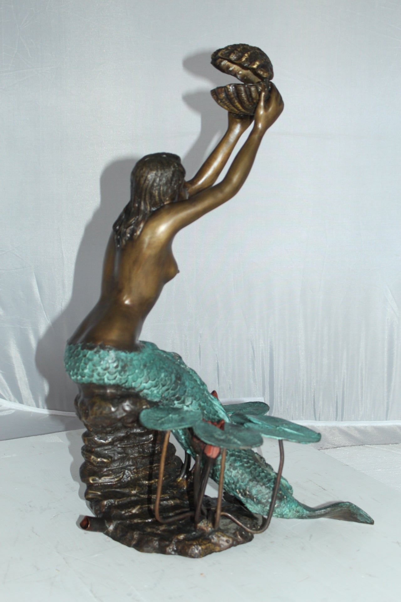 Mermaid holding a Shell Fountain Bronze Statue Art Nude -  Size: 9"L x 12"W x 20"H.
