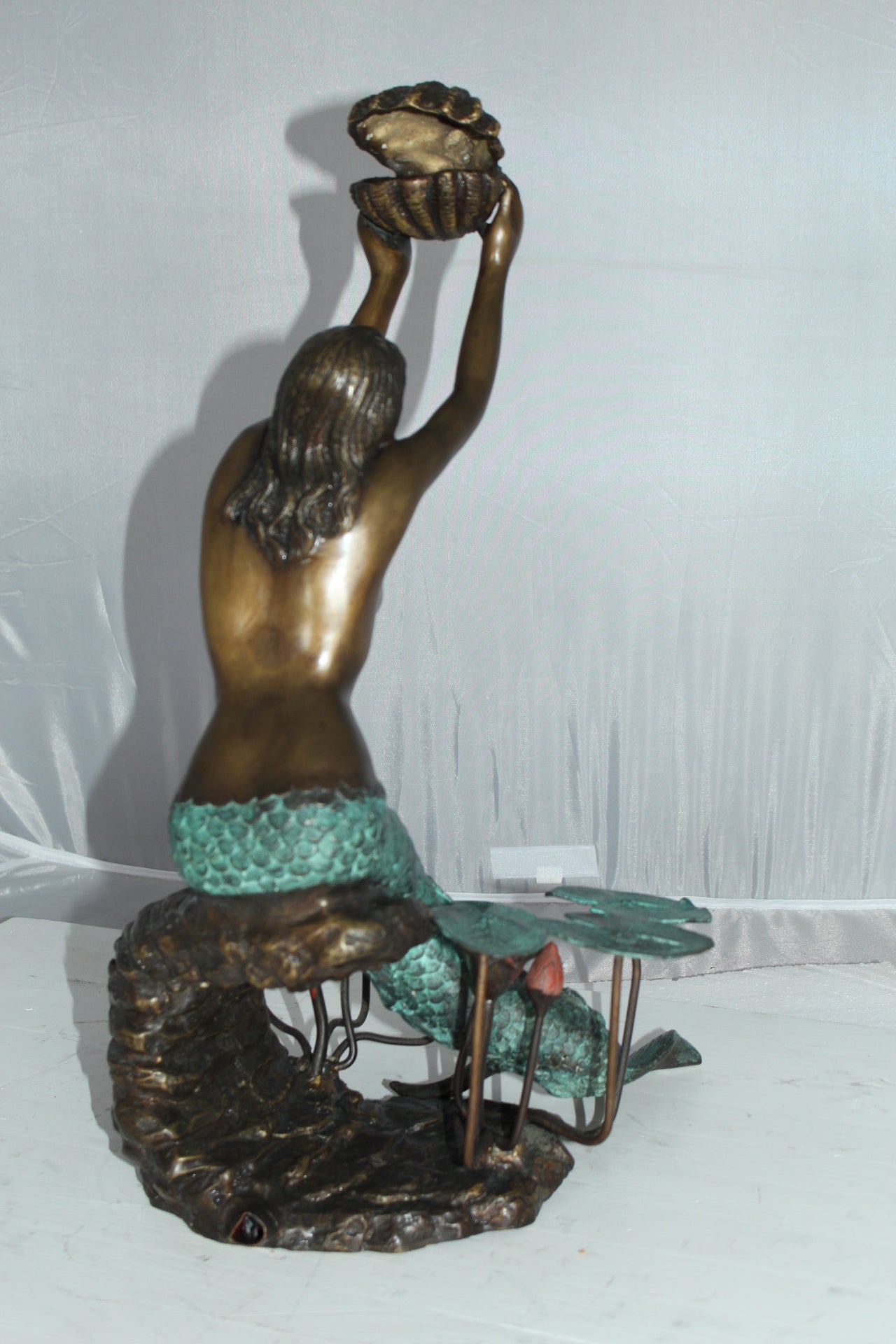 Mermaid holding a Shell Fountain Bronze Statue Art Nude -  Size: 9"L x 12"W x 20"H.