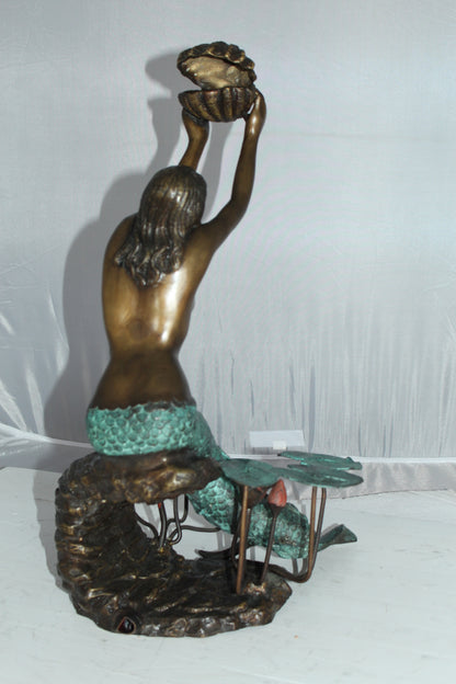Mermaid holding a Shell Fountain Bronze Statue Art Nude -  Size: 9"L x 12"W x 20"H.
