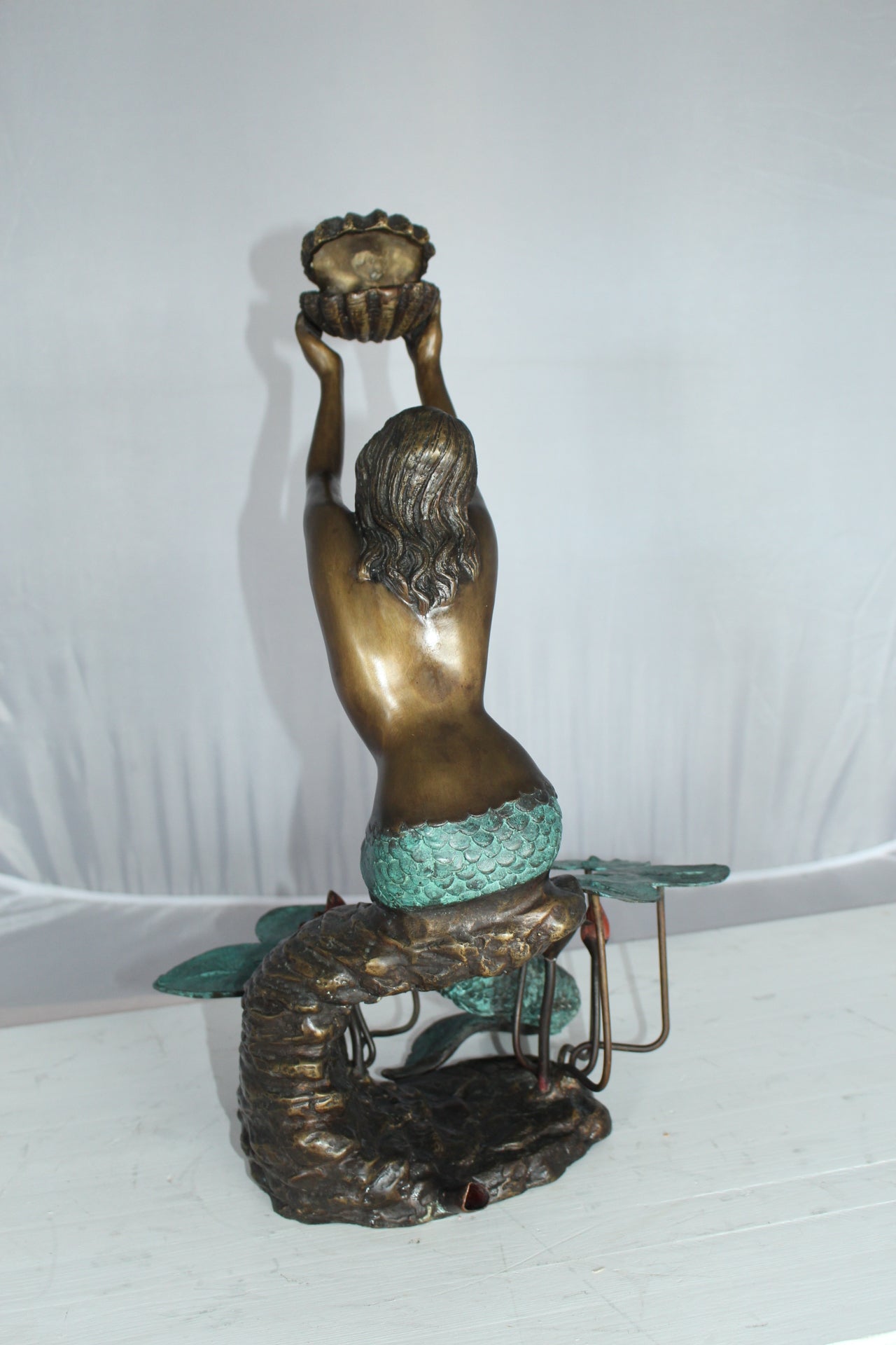 Mermaid holding a Shell Fountain Bronze Statue Art Nude -  Size: 9"L x 12"W x 20"H.