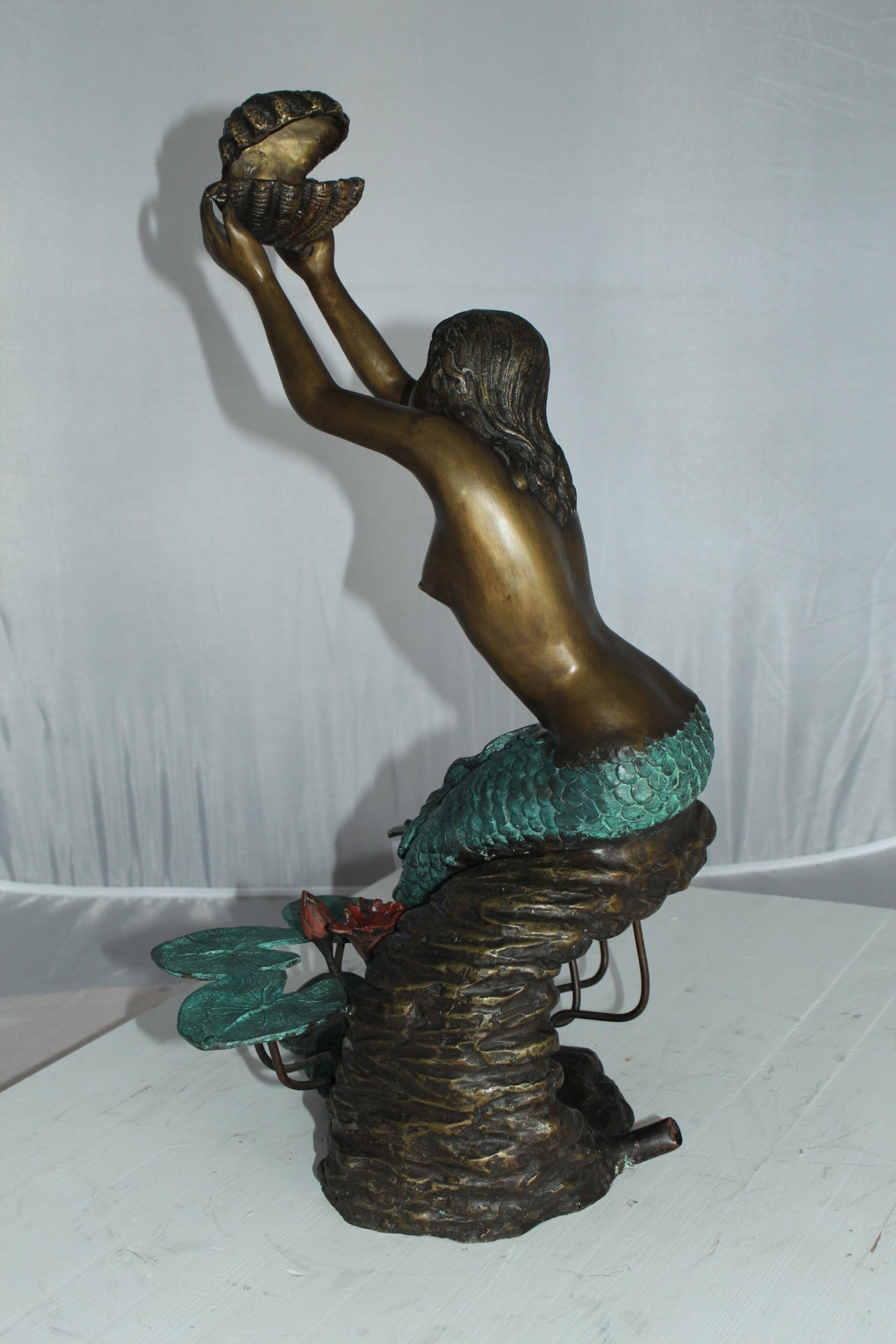 Mermaid holding a Shell Fountain Bronze Statue Art Nude -  Size: 9"L x 12"W x 20"H.