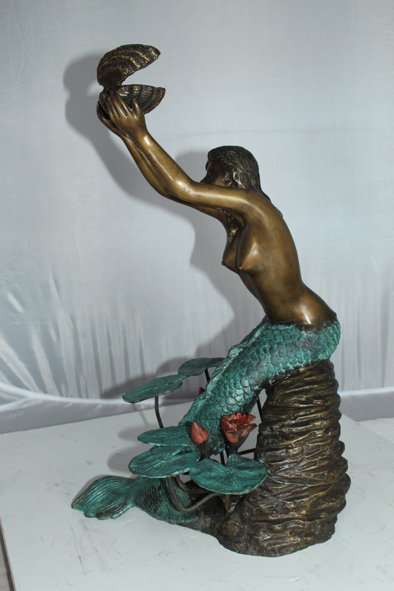 Mermaid holding a Shell Fountain Bronze Statue Art Nude -  Size: 9"L x 12"W x 20"H.